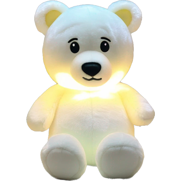 a moonie bear night light plush with its illuminated belly emoji