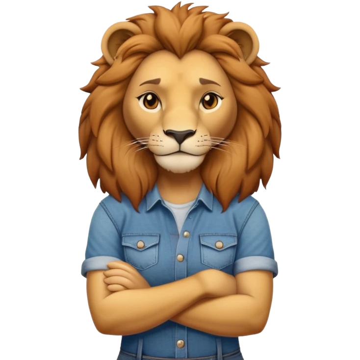 female anthropomorphised lion character standing confidently with arms folded wearing jeans and a t-shirt emoji