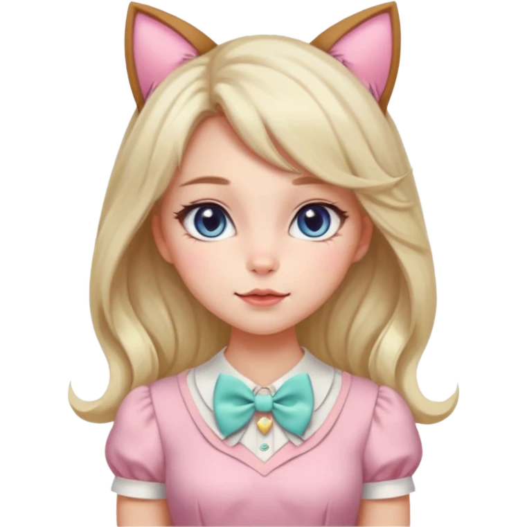 Gorgeous pastel anime style lady with blushing cheeks, cat ears, long beautiful Lucious stylish hair, big pretty eyes, cute colorful pastel dress and skirt and bow ties, and necklace emoji