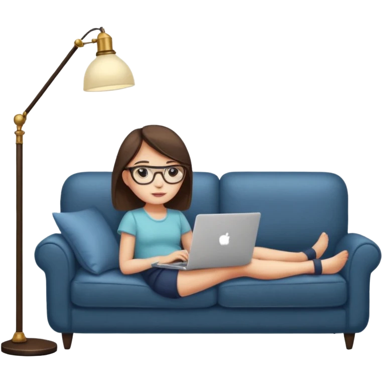 A girl is working with a laptop while lying on a sofa, with a floor lamp to the right. emoji