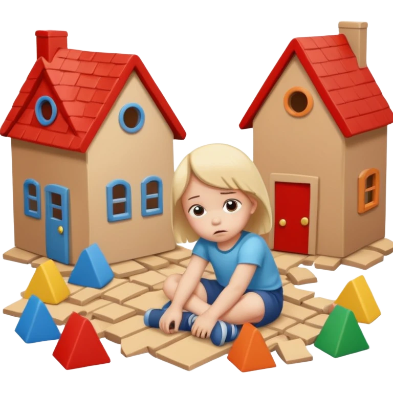apple style emoji of a sad small child next to toppled toy houses emoji