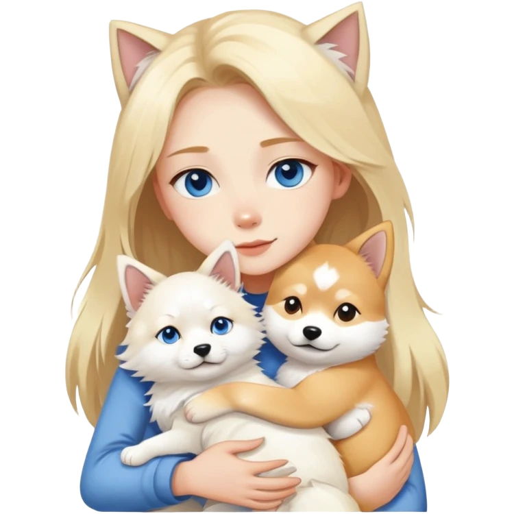 blonde girl blue eyes hugging a white Maine Coon and shiba emoji