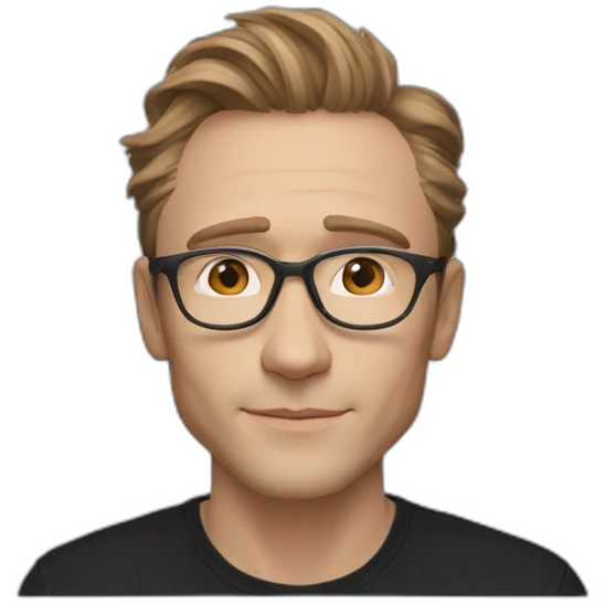 Light Brown guy, hair nose and lips like Tom Hiddleston, no facial hair, transparent round glasses, black t shirt emoji