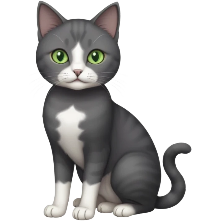 full body view of beautiful female dark grey cat with green eyes, white toes and white patch on chest emoji