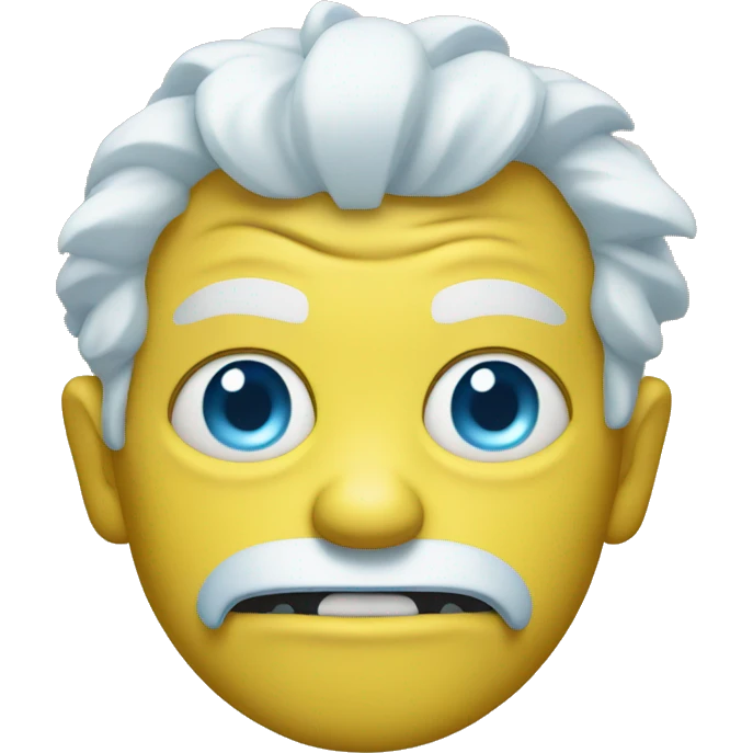 A yellow evil emoji with white hair and sky blue eyes emoji