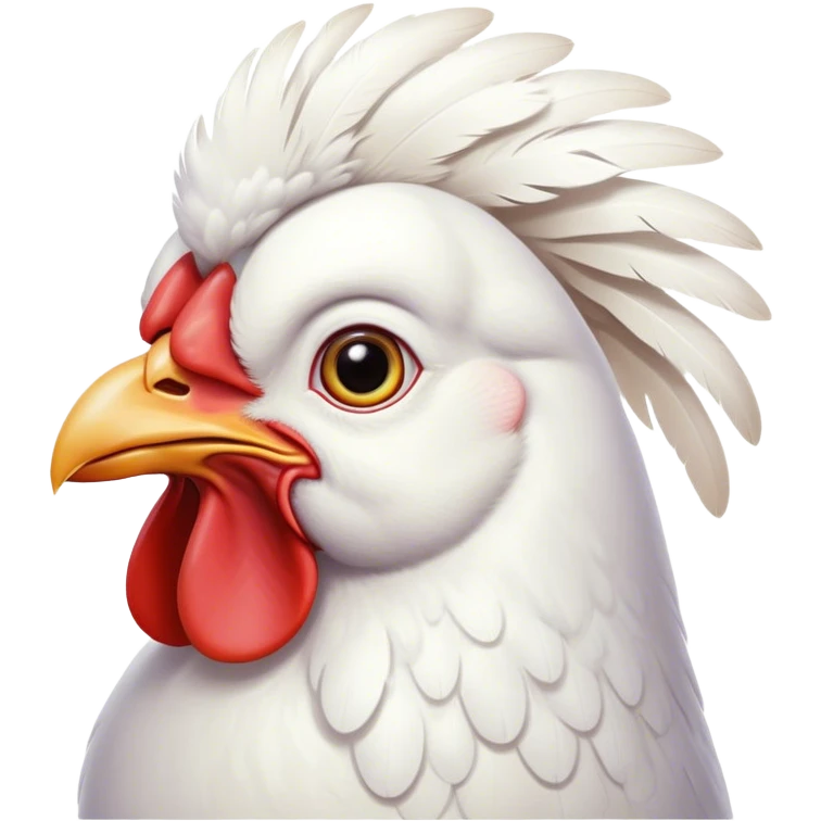 Cinematic Noble White Chicken Portrait Emoji, Poised and regal, with a compact, sturdy build and a pristine, well-groomed pure white plumage, deep-set soulful beady eyes, Simplified yet sharp and sophisticated features, highly detailed, glowing with a soft, dignified glow, high shine, intelligent and alert, stylized with an air of barnyard elegance, focused and attentive, soft glowing outline, capturing the essence of a watchful and confident fowl, so majestic it feels as though it could strut out of the screen with effortless authority! emoji