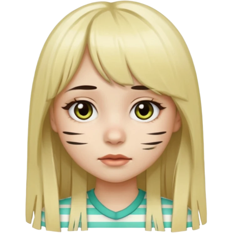 Girl with long straight dark brown hair and blonde striped streaks, with bangs. Light skin and dark eyes. Turn her into a cute zombie version — pale greenish skin, dark eyes, small wounds under eyes, keep her hair and mechas the same, emoji-style. emoji