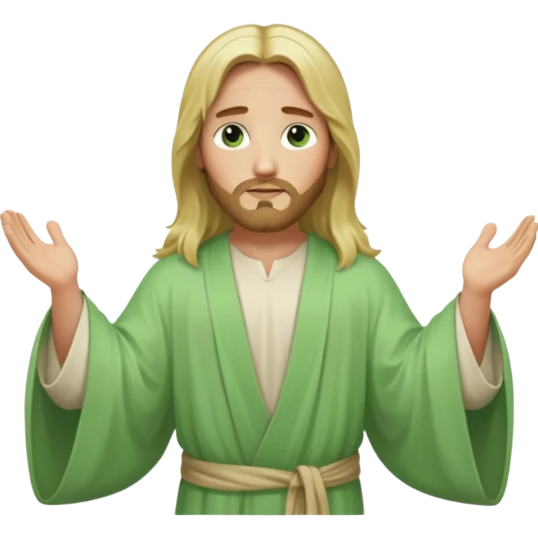 Jesus, green eyes, long blonde hair, light green wide, flowing outer robe. opening arms, gazing thoughtfully. Soft light, subtle fern. Waist-up, profile. emoji