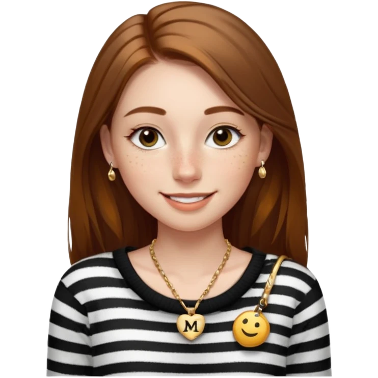Chica guapa con pecas debajo del labio, pestañas largas con rímel, cejas finas y peludas, pelo marrón medio largo, piercing en la nariz, collar dorado con una "M" y jersey negro de rayas blancas con un hombro descubierto. emoji