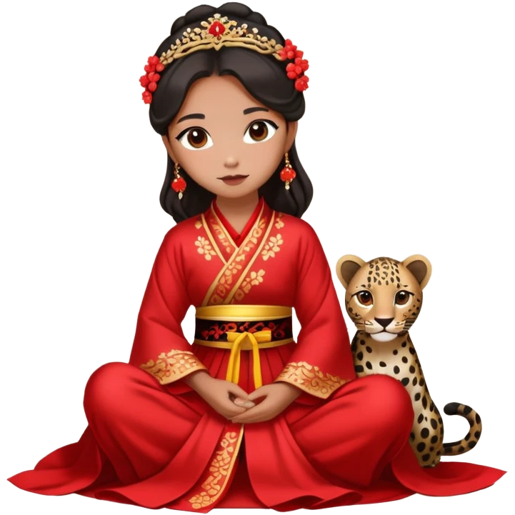 A beautiful girl in red Hanfu wedding dress sits on the ground holding a black leopard emoji