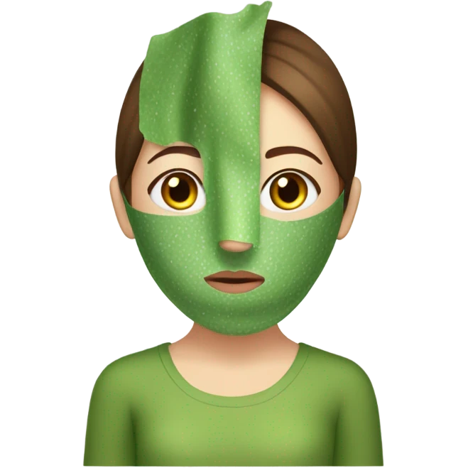 Girl with brown hair freackles white skin tone and blue eyes wears green sheet mask relaxing her eyes closed a pickle over her eyes emoji