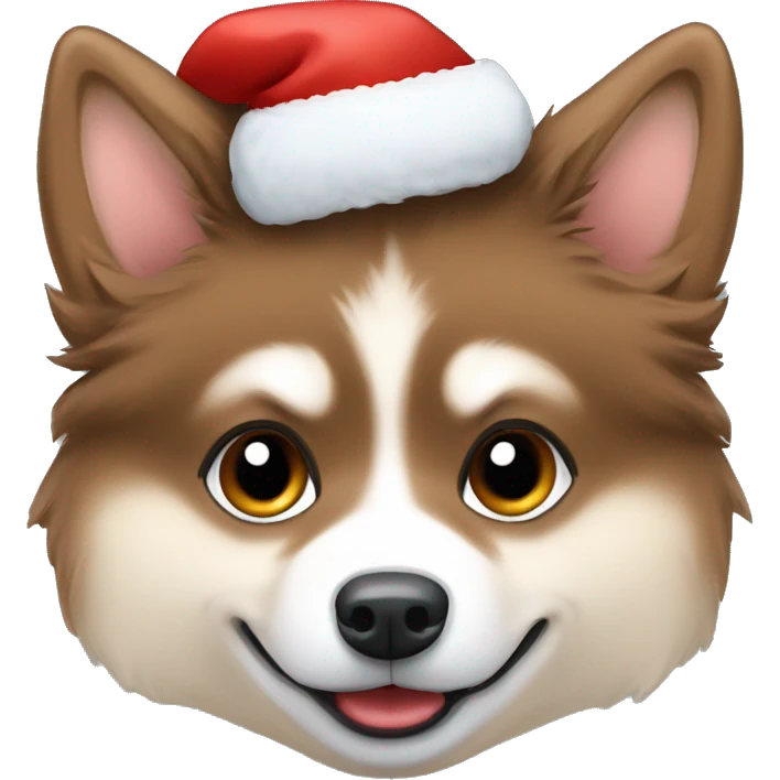 Brown Cute Pomsky dog with Christmas hat emoji
