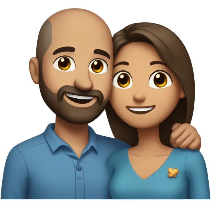 Brown-haired Puerto Rican woman with dark brown eyes wearing a cute blue blouse giving comforting hug to short, bald man with brown eyes, laugh lines, and a beard emoji
