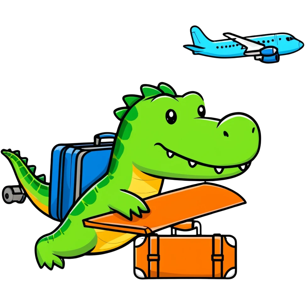 Crocodile traveling with suitcase and airplane emoji