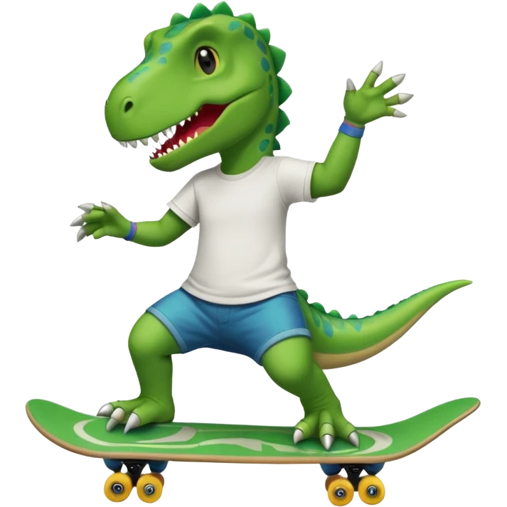 Dinosaur skateboarding at the skate park wearing a t-shirt and doing six seven and dancing emoji