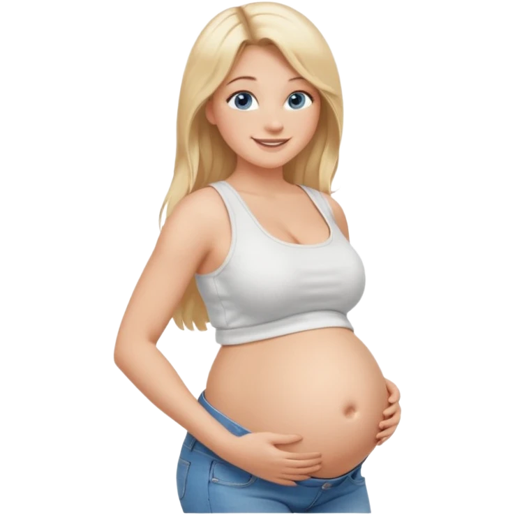 White girl, long blonde hair, white tank crop top, smiling, bare midriff, blue eyes, huge round pregnant belly, jeans, side view emoji