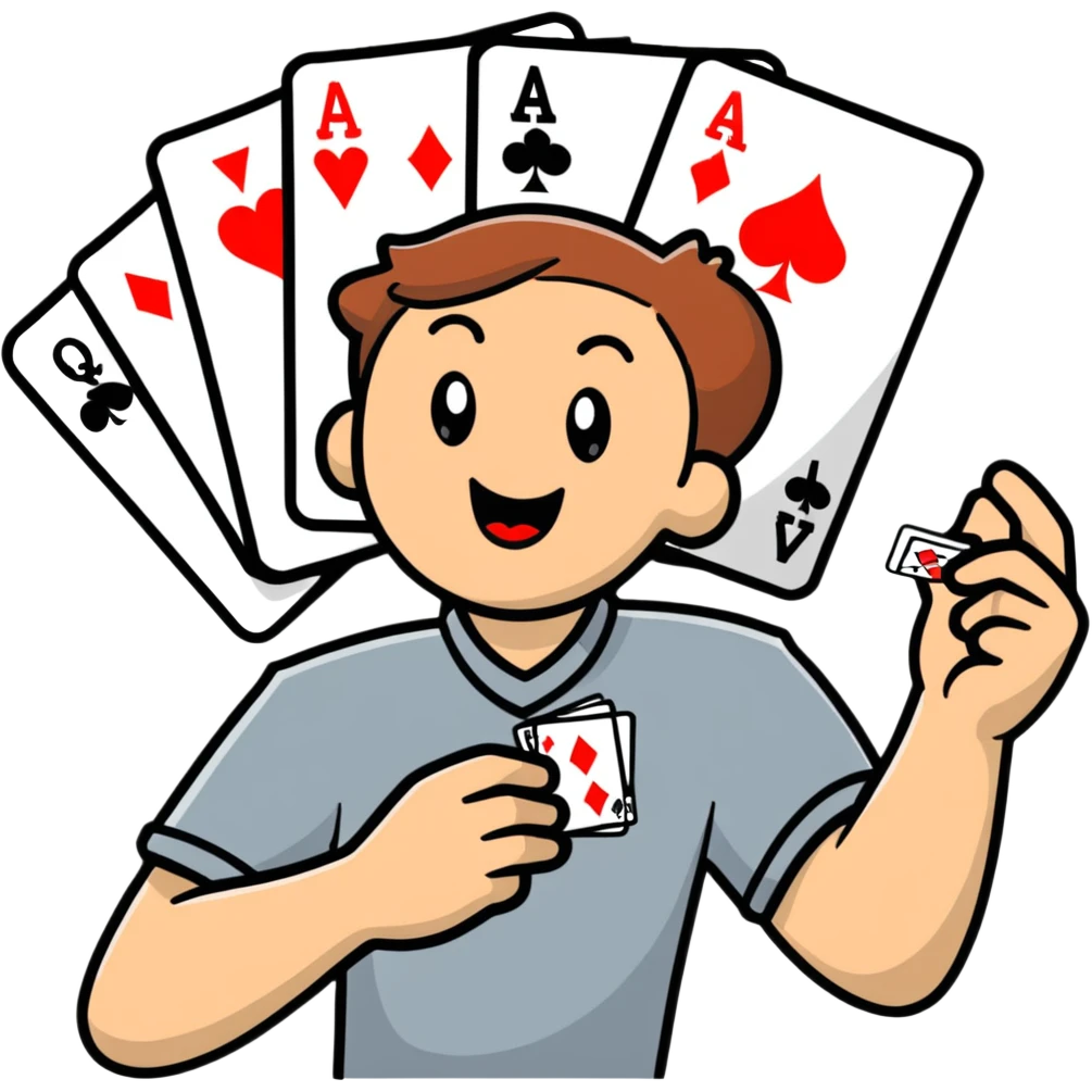 Canasta card game player with excited expression and cards emoji