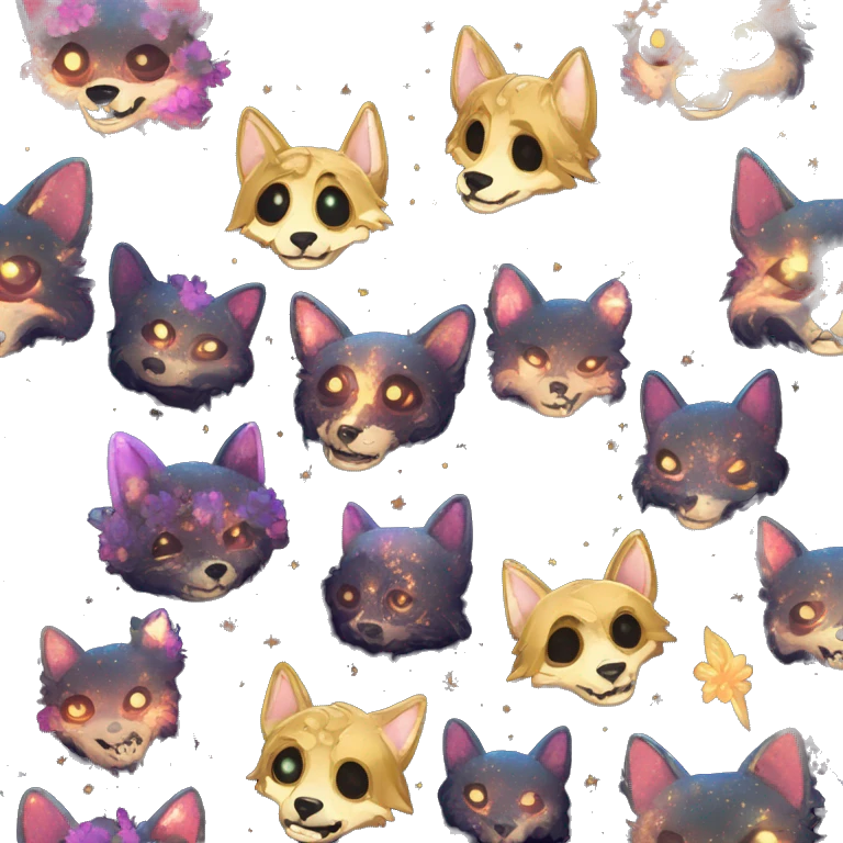 Black iridescent dog fox zombie skeleton gold mechanical nebula galaxy stars flowers fairy lights vintage emoji