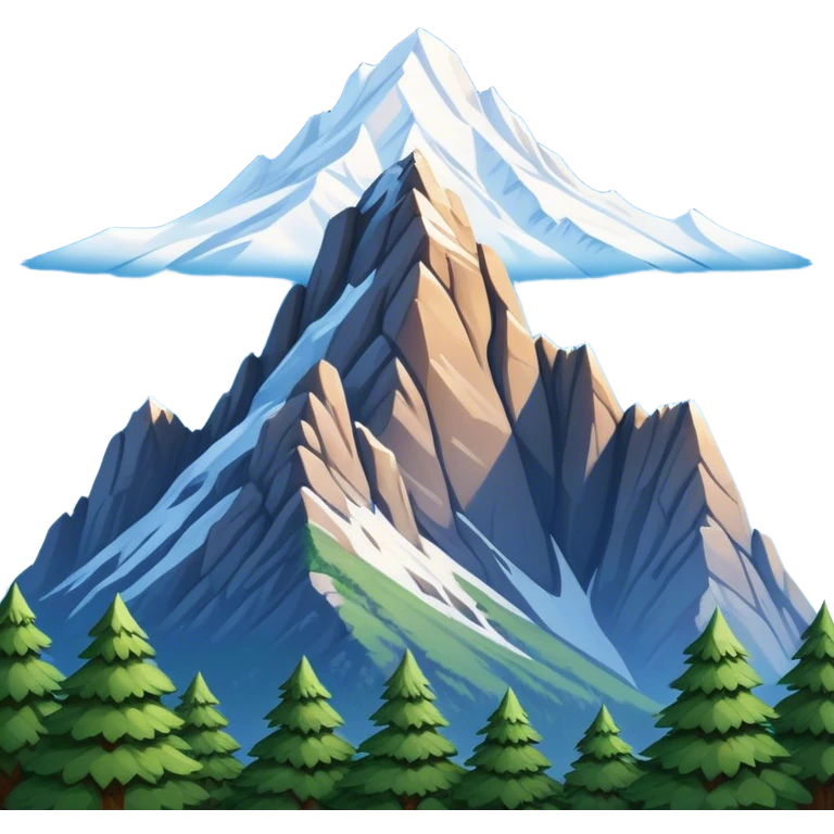Cinematic Realistic Mountain Emoji, Majestic and towering, with craggy, snow-capped peaks rising sharply against a deep blue sky. The rugged terrain is dotted with rocky outcrops and patches of greenery, with clouds swirling around the higher reaches. Soft glowing outline, capturing the essence of ancient strength and natural beauty in a towering mountain! emoji