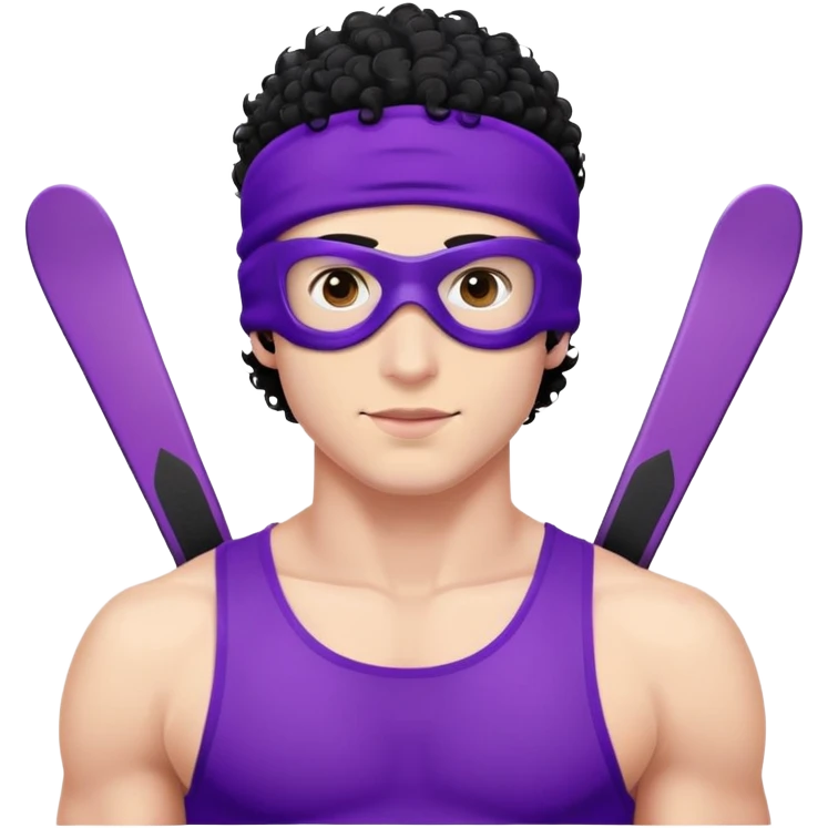 shirtless athletic man with white skin and black curly hair, wearing a purple ski mask emoji