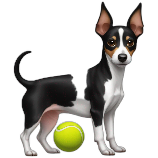 rat terrier colored like a black and white cow with tennis ball emoji