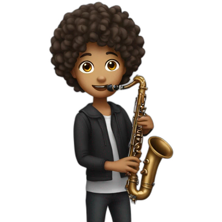 Dark, curly wavy haired 17 year old playing the clarinet emoji