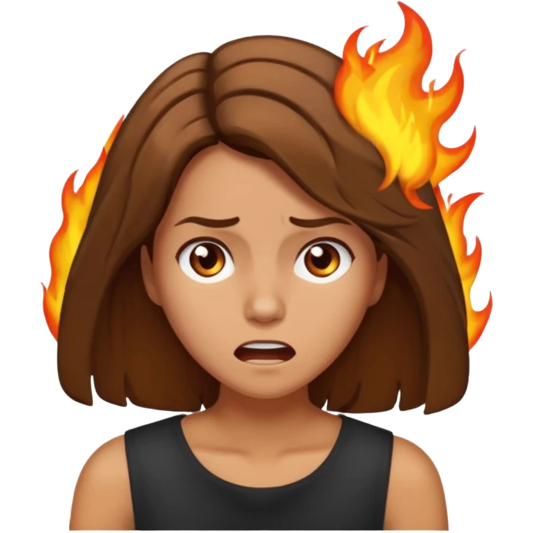 Woman with hair on fire looking stressed and panicked with brown shoulder length hair emoji