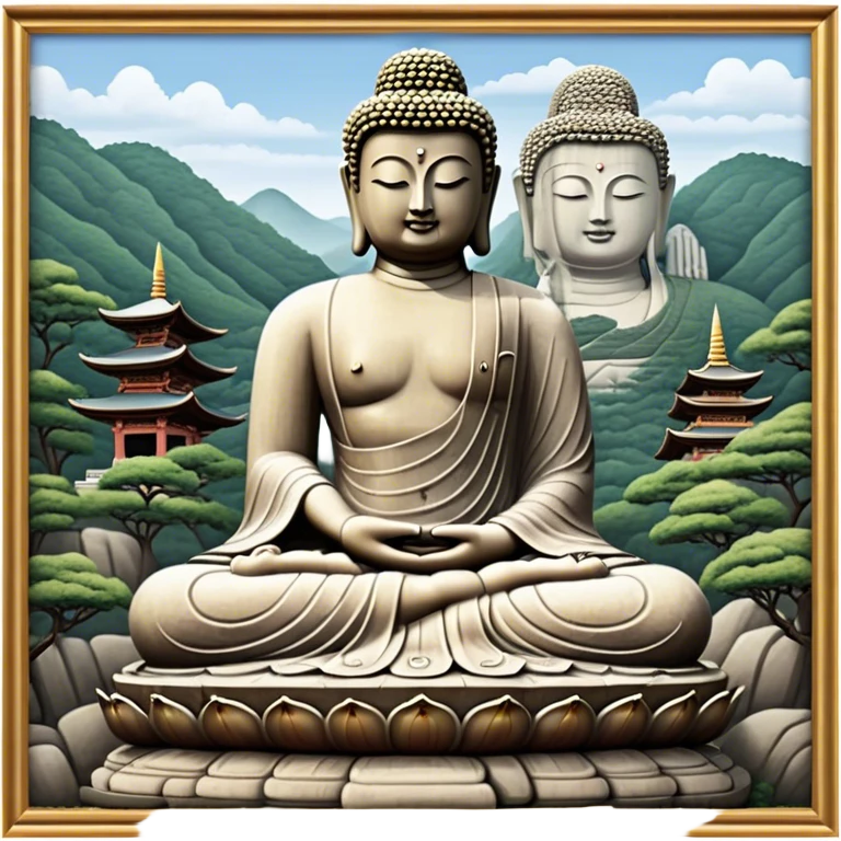 Cinematic Realistic image of the Big Buddha Monument of Sinheungsa Temple, portrayed as a towering, serene Buddha statue carved from weathered stone with intricate details and a gentle meditative expression, set within an ancient temple landscape enveloped in soft, ethereal lighting that underscores its spiritual majesty. emoji