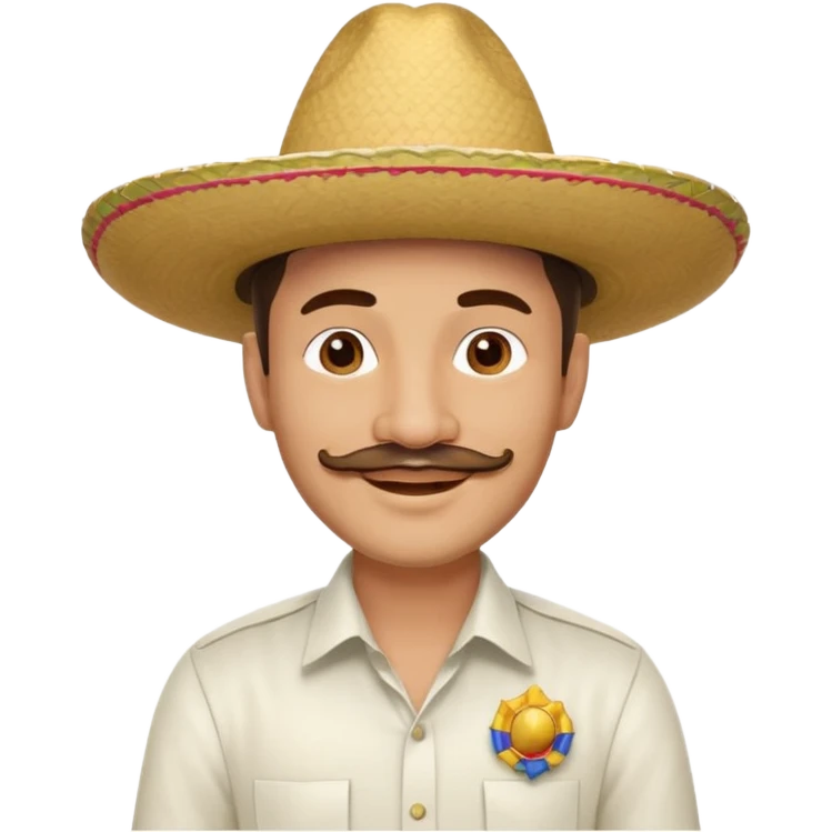 A happy, light skinned, Colombian man, with a small not connected mustache, a small gotee, wearing a Colombian Sombrero Voltiao, and wearing a white dress shirt emoji