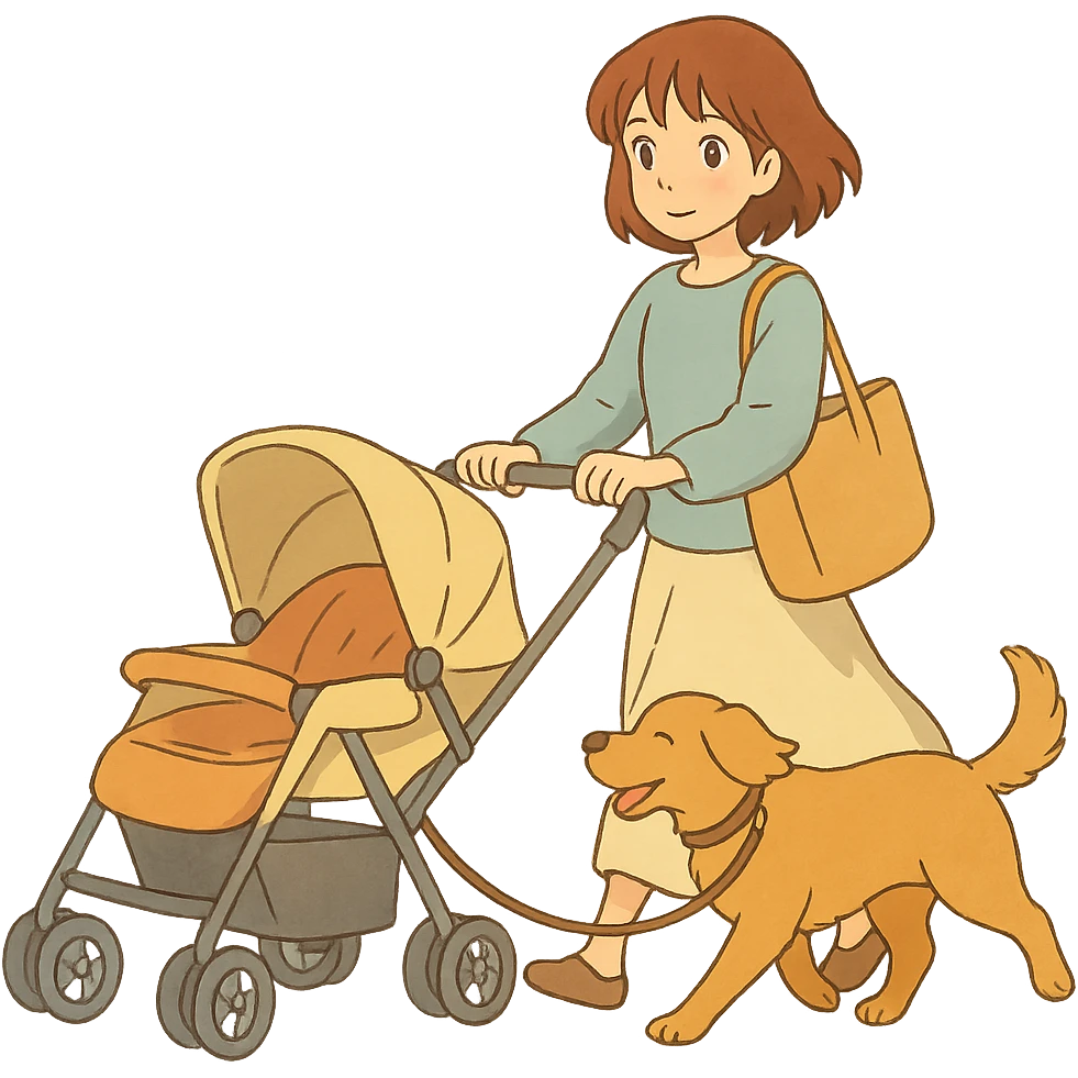 ghibli style girl walking with a stroller and dog on a leash, soft colors emoji