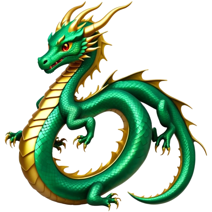 cinematic-noble-dragon-full body-emoji,-poised-and-majestic,-with-a-sinuous,-elongated-build-and-shimmering,-scale-covered-skin-in-hues-of-emerald-and-gold,-piercing,-fiery-eyes,-simplified-yet-sharp-and-sophisticated-features,-highly-detailed, zoomed out showing the serpentine body emoji