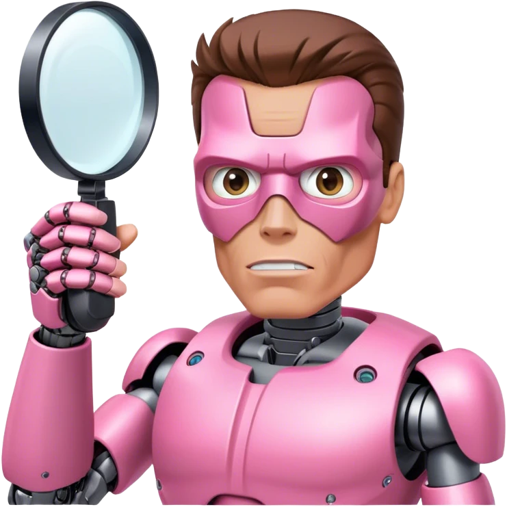 schwarzenegger-looking half robotic half human pink terminator holding magnifying glass, upper body emoji