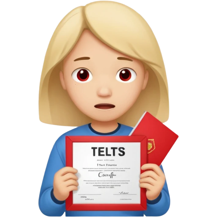 emoji student sad holding red sertificate IELTS 5.5, crying, failure, white background emoji