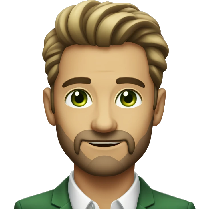 portrait of a stylish man younger and less experienced. No beard, green eyes, younger emoji