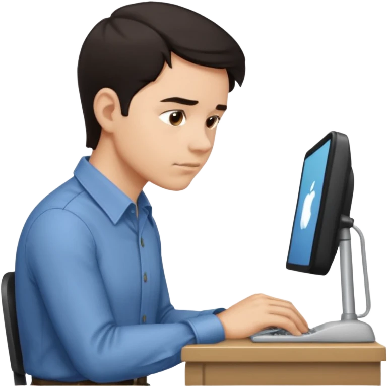  iOS emoji style - Side profile of a man with dark hair and wearing a collared-shirt. He sits with hunched posture at a desk. emoji