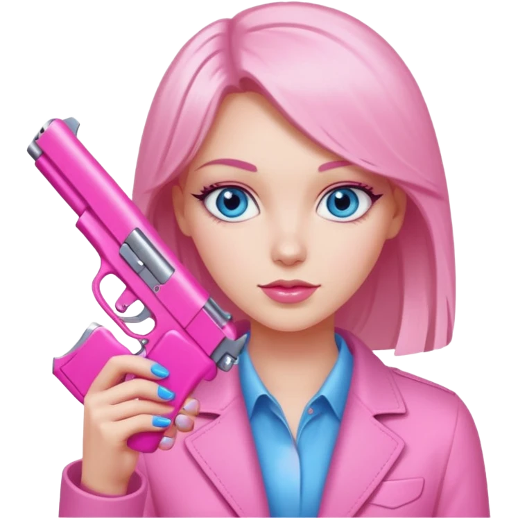 White Girl hand pink nails holding pink gun with blue eyes emoji