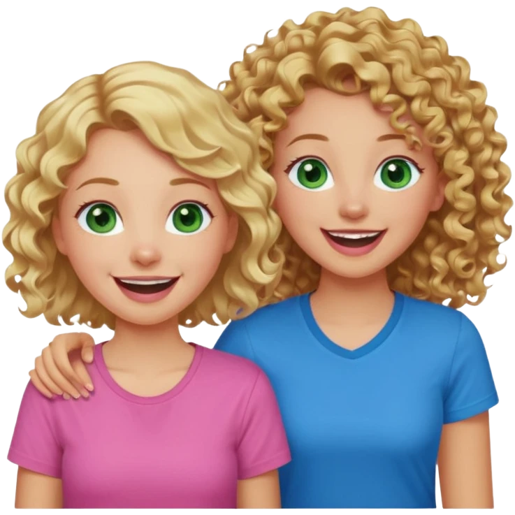 A blonde girl with green eyes and a pink shirt laughing with a dark tan girl with curly brown hair and blue eyes and a blue shirt emoji