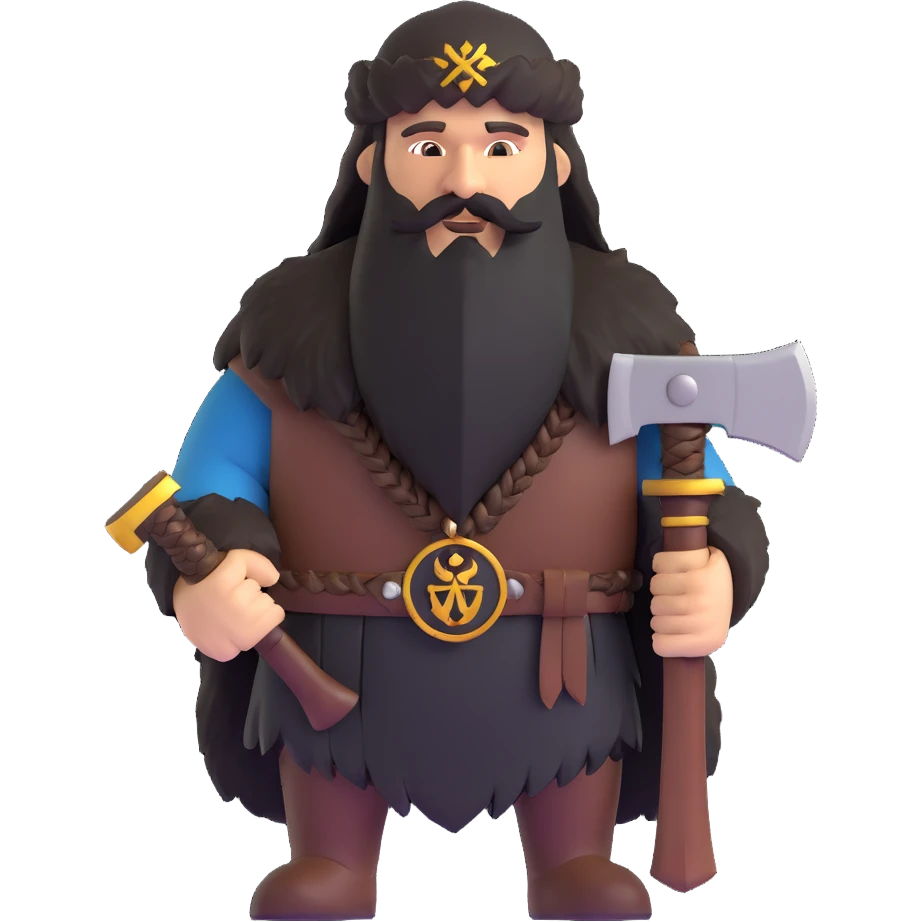 Russian pagan warrior with bear fur, battle axe, Slavic sun symbol amulet, long braided beard emoji