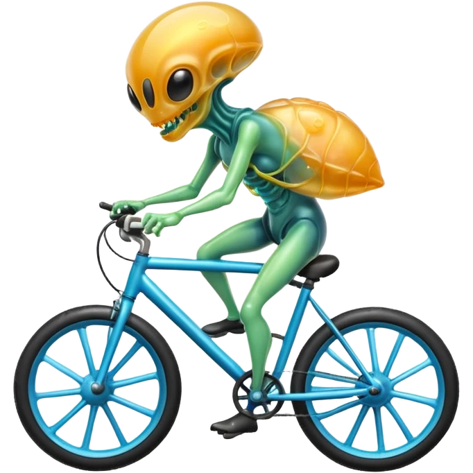 jelly alien riding a bicycle, translucent gelatin body, glowing core inside, wobbly fun movement, cute sci-fi creature, 3D cartoon, mobile game icon style, clean background, no text, no watermark
 emoji