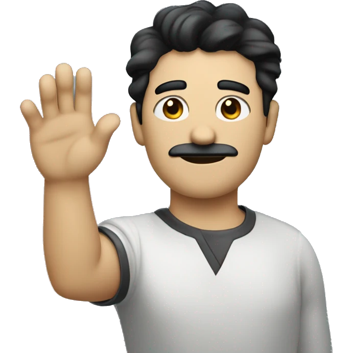 Light man with black little mustache and black hair going to the left direction messy hair blue eyes raising his hand emoji