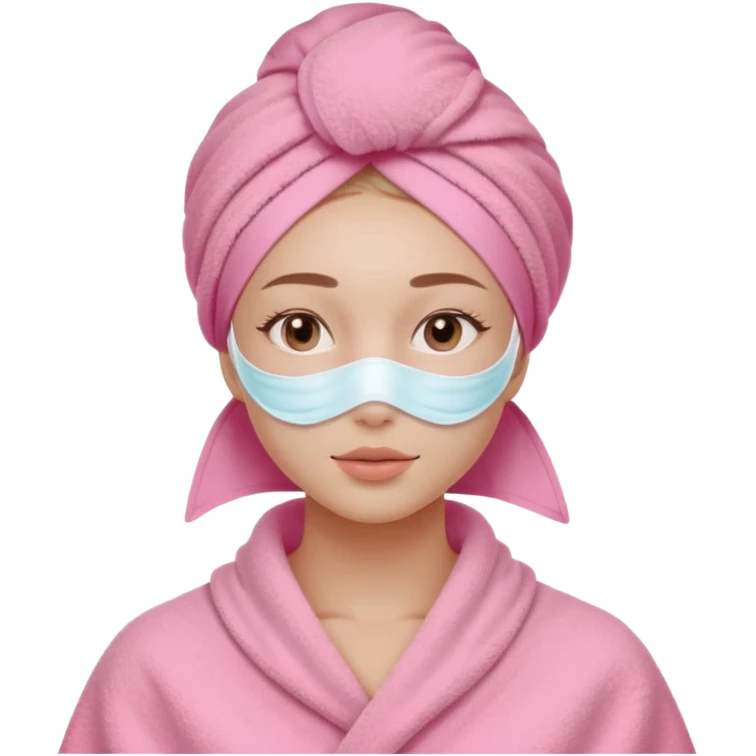 Clean girl influencer character, chest-up portrait, wearing a pink towel wrapped around the head, facial skincare mask on face, relaxed confident expression, soft glow skin, minimal chic aesthetic, subtle beauty accessories, calm self-care vibe emoji