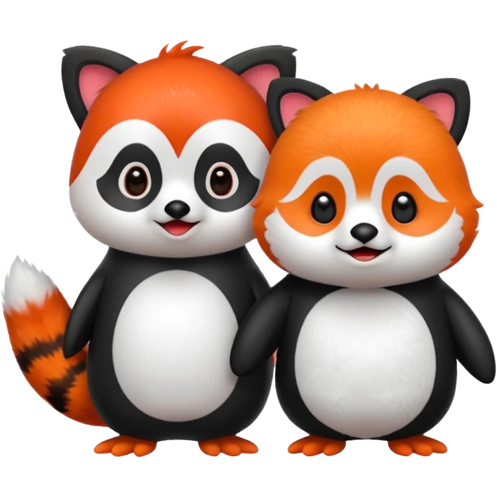 A cartoon  cute cartoon penguin. Next to it is a cartoon red panda holding its flipper  emoji