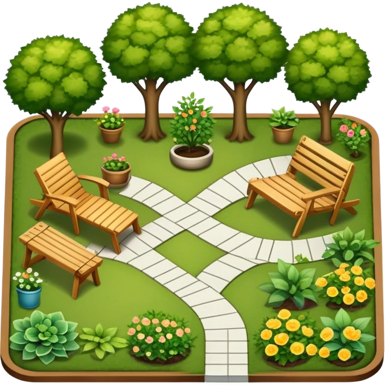 Icon for Landscape Design: a garden layout with trees, plants, pathways, and outdoor furniture, along with design tools like a ruler, pencil and sketchpad. The icon should represent the creativity and planning behind landscape design. Transparent background. emoji