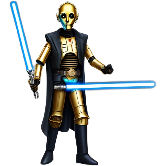 tough well-equipped jedi first order life-sized darkblue-pearl C3po as a friendly bounty hunter droid wearing a leather attire old west duster coat holding light saber ready  emoji