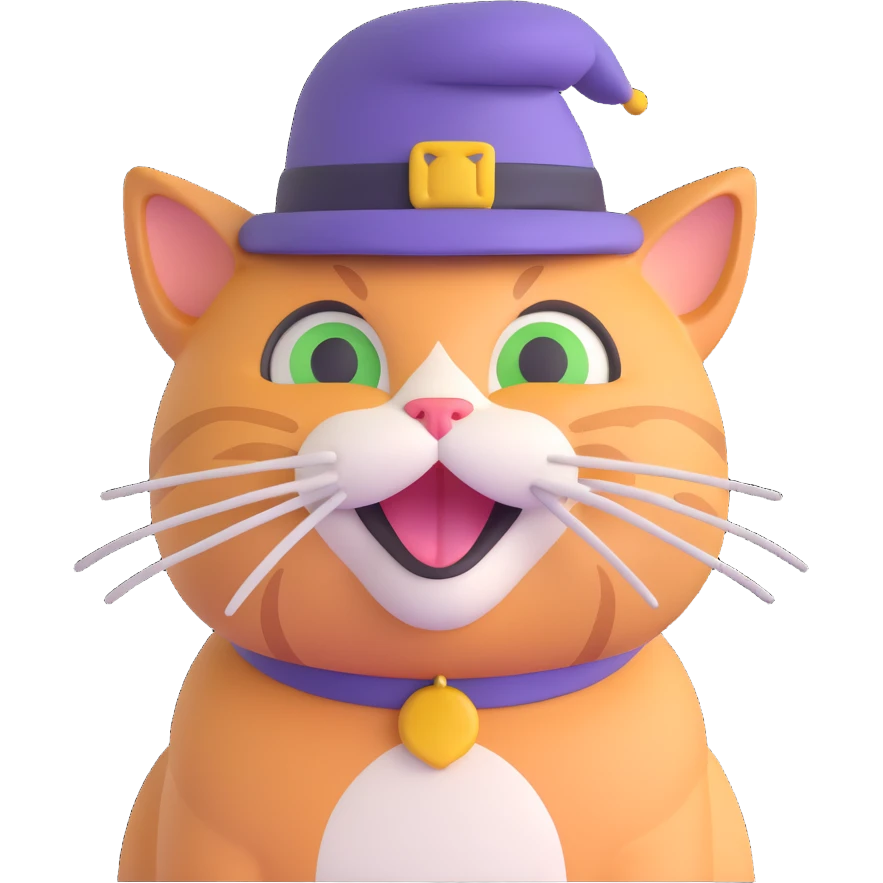 A cat wearing a hat with a very funny face emoji