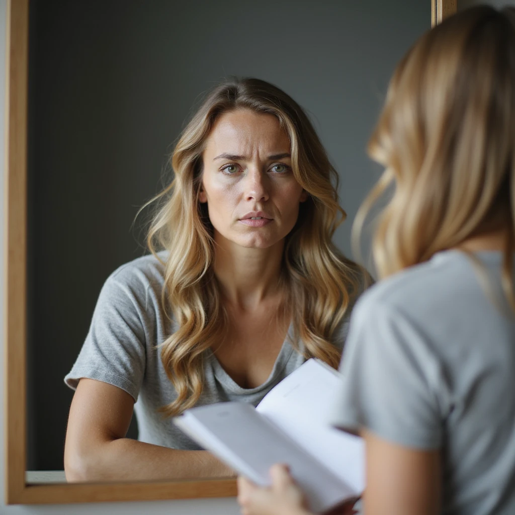 adult woman, photorealistic, diet plateau phase, sitting in front of mirror, open food diary, fixed and discouraged gaze, natural light, bedroom background emoji