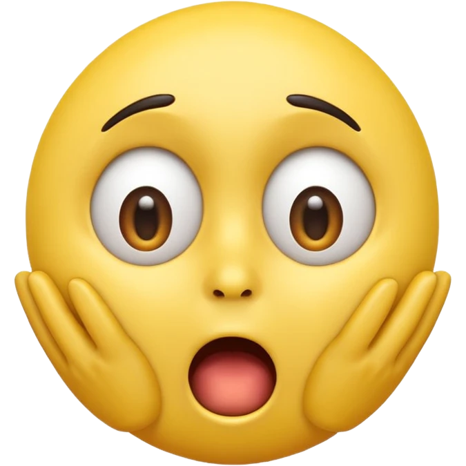 A 3D glossy yellow emoji of a shocked horrified face, with mouth and eyes are wide open, eyebrows  raised, and hands against their cheeks, face without nose, black background, high quality, soft studio lighting emoji