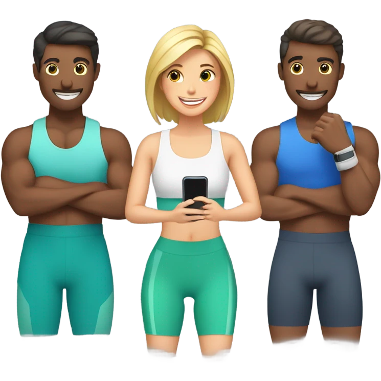 friends work out with smartphone showing charts emoji