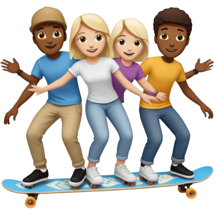 Four people (two black guys, one white guy, one white girl) on one long skateboard emoji