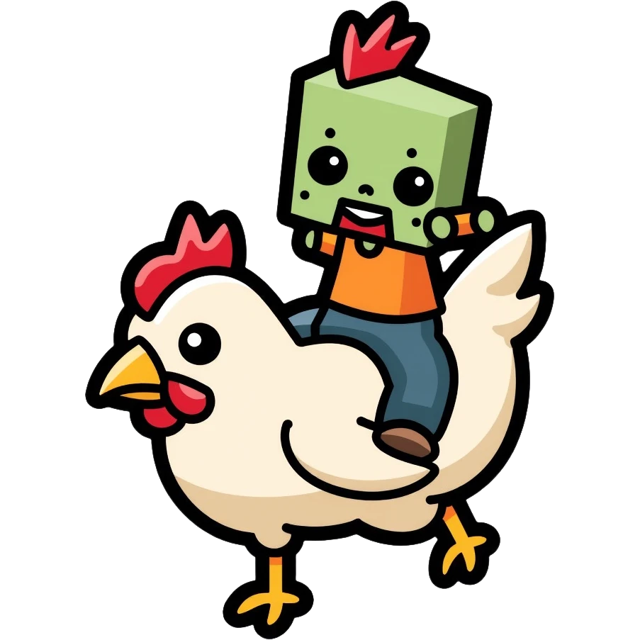 Minecraft chicken jockey - a small pixelated baby zombie riding on top of a white chicken, blocky style emoji